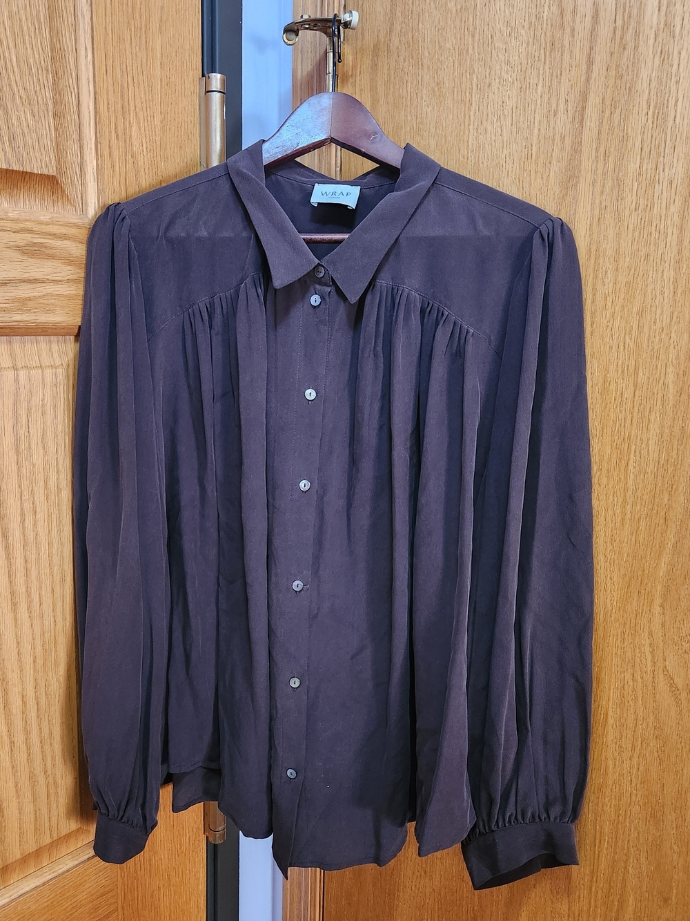 Wrap London Pleated Button-Up Blouse in Dark Brown